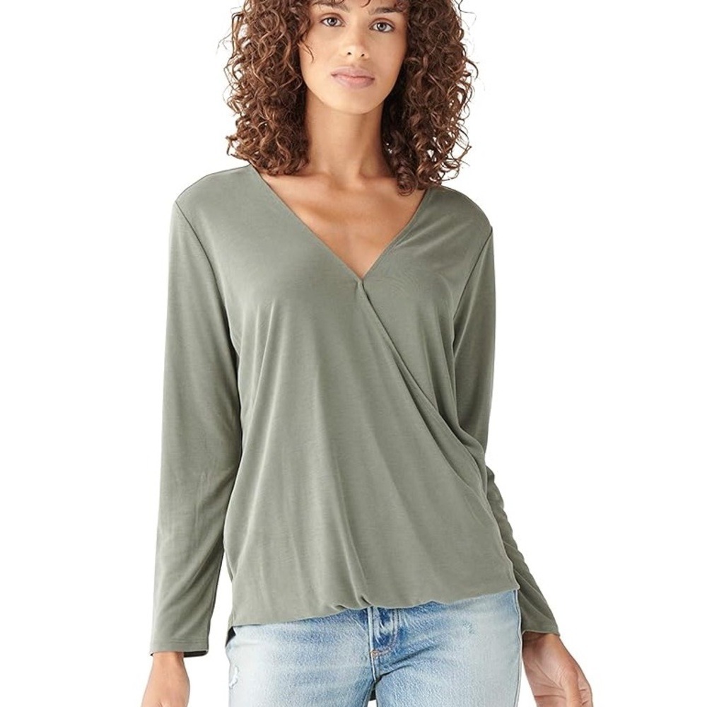Lucky Brand Women Olive Green Wrap Front V-Neck Long Sleeve Modal Top Small